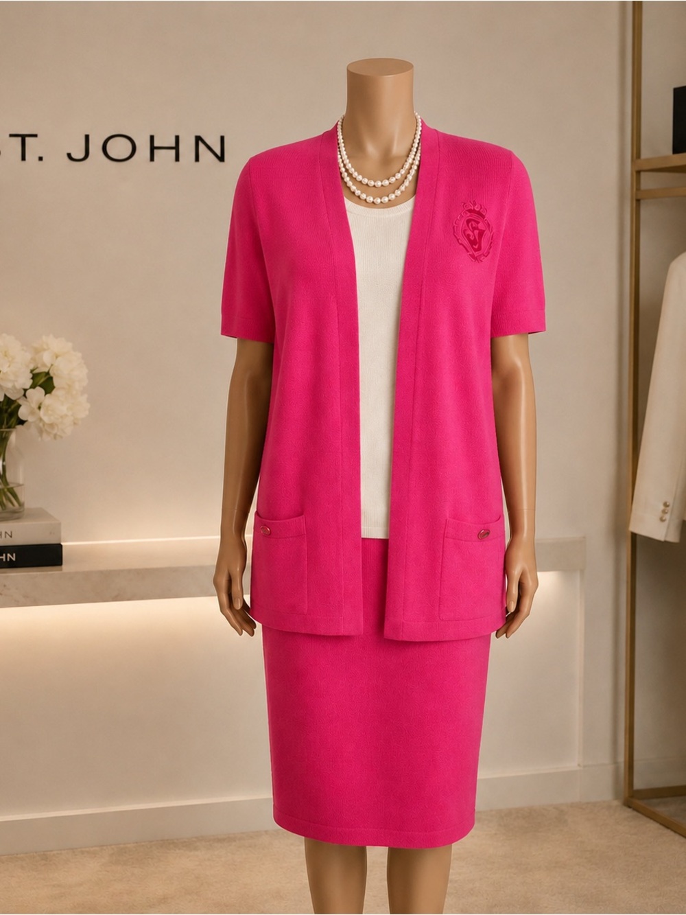 Vintage St. John Collection Fuchsia Pink and white Knit Dress & Cardigan Set - Picture 2 of 11